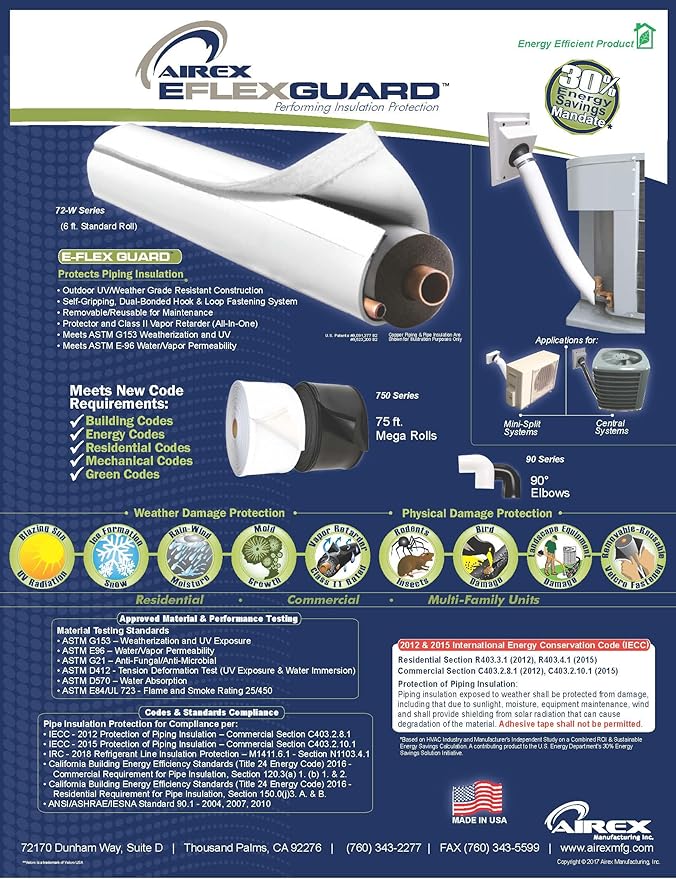 Airex Model 72C-W, E-Flex Guard White Line Set Cover/Protector/Sleeve for 5/8", 3/4" or 7/8" Copper Tubing w/ 3/4" Wall Insulation (6 feet Length) Airex Flex Guard HVAC Line Set Protector.