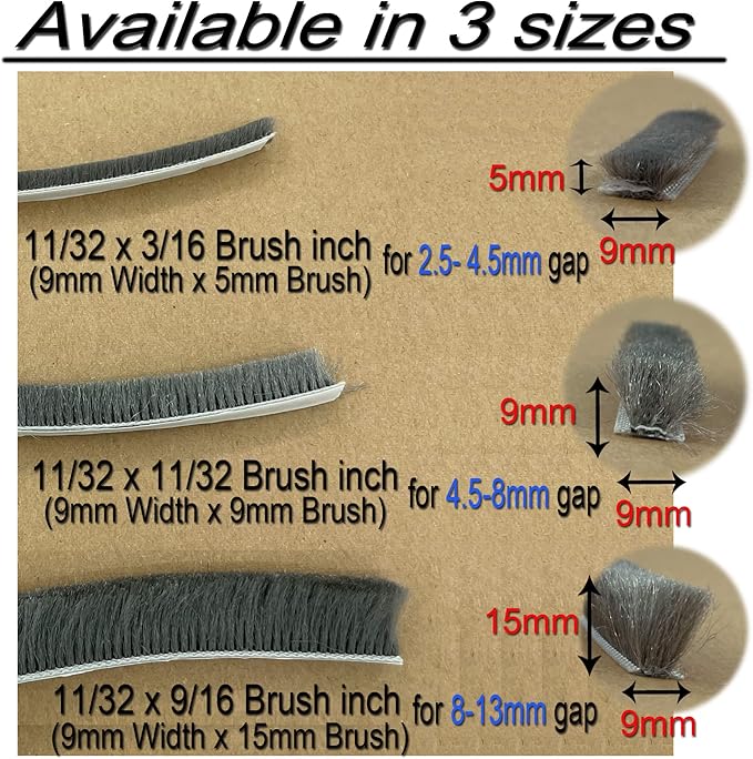 Weather Stripping Brush for Sliding Windows/Doors Frame Side,Pile Self Adhesive Weatherstrip Seal Strip Sealer Draft Stoppers (32ft x11/32 Backing x 9/16 Brush inch, Grey)