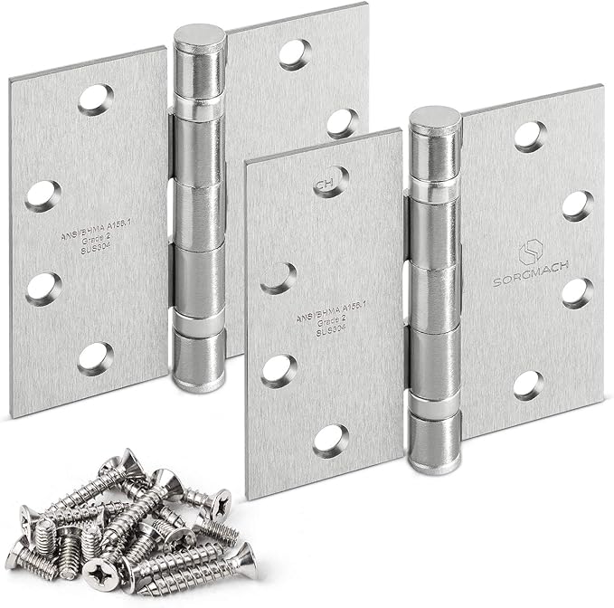 304 Stainless Steel 4.5 Inch Commercial Hinges Brushed Satin Nickel Ball Bearing Doors Hinges Square Corners Interior and Exterior Door Hinges- 3 Pack