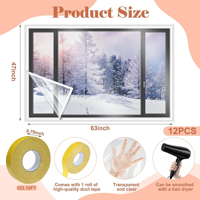 12 Pcs Window Insulation Kit Total 63 × 564 inches POF Shrink Film Insulator Fits up to 12 Windows with Double Side Tape Waterproof Insulation kit for winterizing Winter
