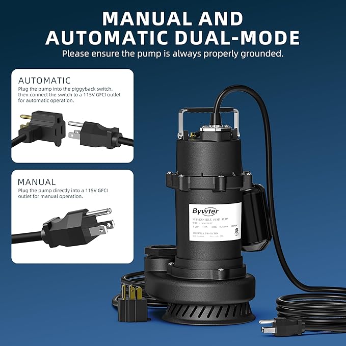 1/2 HP Sump Pump, 4200 GPH High Flow, 26 FT Lift, 115V Cast Iron Sewage Pump with Automatic Float Switch and Manual Control, Heavy Duty Sewage/Effluent Pump for Basement, 10 FT Power Cord