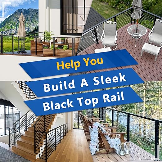 2Pack 8FT Stainless Steel Black Handrail for Cable Railing Post Kit, 2" W X 1" H Cuttable Rectangular Top Rail with End Cap Screw for Staircase Remodel Hallway Handrail Deck Railing Balcony