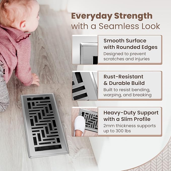 Floor Register 4x10 Vent Cover – 2 Pack – Heavy-Duty Steel, Rustproof & Walkable Grates, Easy Drop-in Install, Adjustable Air Supply Switch - Decorative Herringbone Design, Brushed Nickel