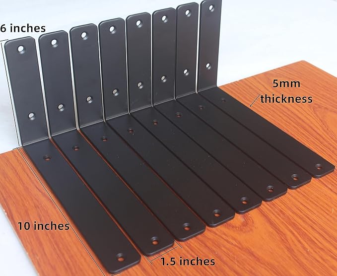 16 Pack - L 10" x H 6" x W1.5, 5mm Thick Black L Shelf Bracket, Iron Shelf Brackets, Metal Shelf Brackets, Floating Shelf, Shelf Supports with Screws