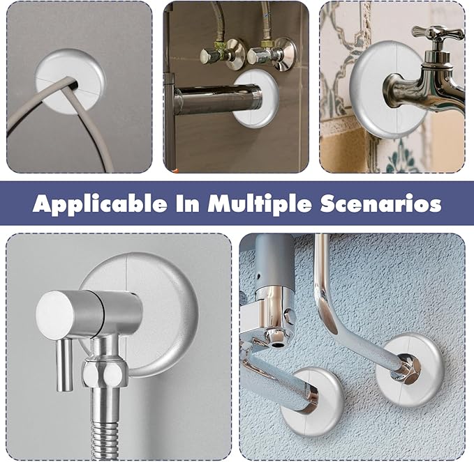 4 Pcs Escutcheon Plate, Self-Adhesive Plumbing Cover Plates, Round Escutcheon Plate for 0.7In Diameter Water Pipes, Wall Split Flange for Kitchen Toilet Faucet Decoration (Silver)