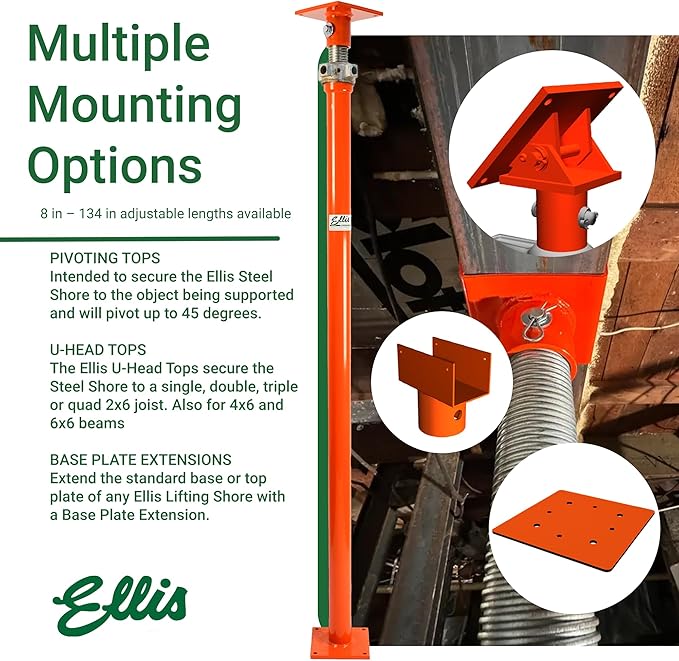 Ellis Manufacturing Light-Duty Steel Lifting Shore – Adjustable Structural Jack for Basement, Beams, Floor Support, and Foundation – 3,000 lb Safe Load apacity – 110"-134" Adjustment