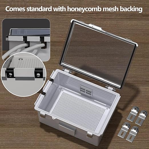 ABS Electrical Junction Box, Ventilated Design, Cable Grommets, IP65 Waterproof Enclosure, Indoor/Outdoor Use with Mounting Panel. (Clear Cover, 8.7"x6.7"x4.3")