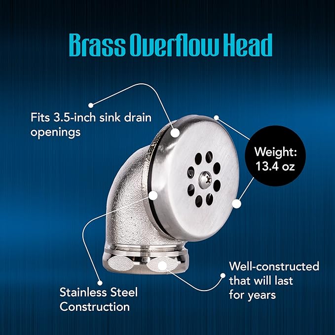 Brass Overflow Head, Durable Sink Overflow Head for 3-3.5 Inch Kitchen Sink Drain Openings, Essential Commercial Kitchen Sink Accessories, 1-1/4" NPS, Fits Most 3-Compartment Sinks.