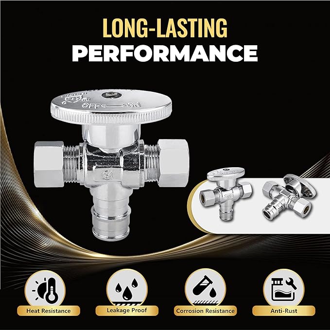 2-Pack Foskan Dual Outlet Angle Stop Valve,1/4 Turn Shut off Valve,1/2" PEX-A x 3/8" OD x 3/8" OD,Chrome Plated Brass