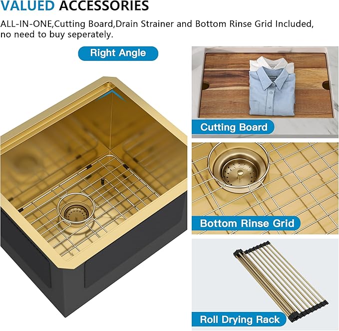 21"x18" Undermount Laundry Utility Sink Workstation – Brushed Gold NANO-PVD, 16 Gauge 304 Stainless Steel, 12 Inch Deep Single Bowl Sink Basin for Laundry Room, RV or Utility Use