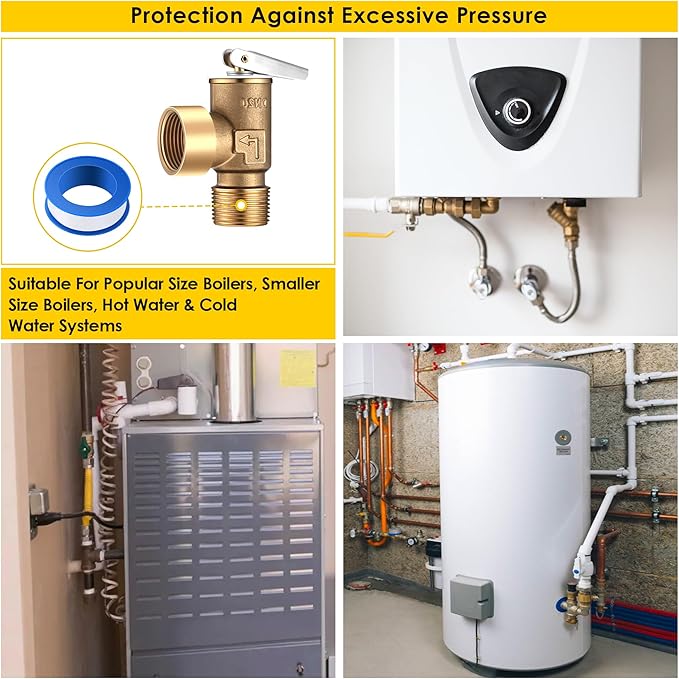 30 PSI Pressure Relief Valve, Boiler Relief Valve with 3/4 NPT Thread, PTFE Thread Seal Tape, Brass, for Hot Water and Cold Water Systems