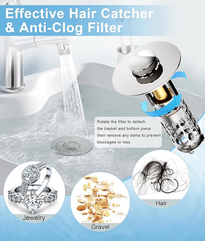 Upgraded Bathroom Sink Stopper – Universal Pop-Up Drain Plug with Anti-Clog Hair Catcher, Durable Stainless Steel & Silicone Seal, Fits Standard 1.1-1.5 Inch Sink Drains, Silver