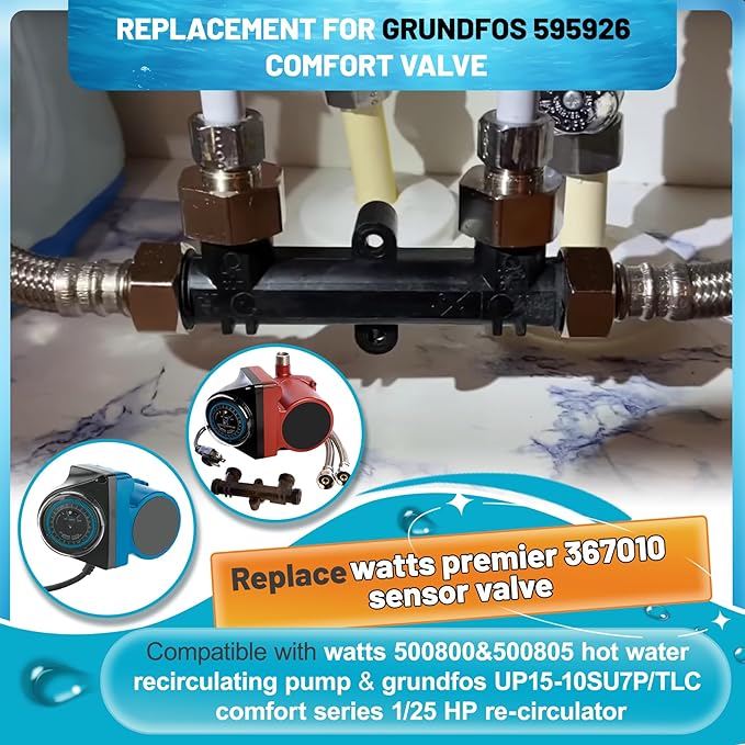 WP596816 Sensor Valve Kit Fit for watts premier 500800&500805 & grundfos up comfort Instant Hot Water Recirculating Pump System, Include Two 12" Supply Lines & Two 1/2" x 3/8" Reduced Fittings