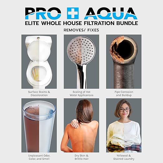 PRO+AQUA Elite 5-Stage Whole House Water Softener and Filter Bundle System for Well Water | Reduces Heavy Metals, Iron, Sulfur, Sediment, Chlorine, and More | Ideal for 3-4 Bathrooms (+ RO System)