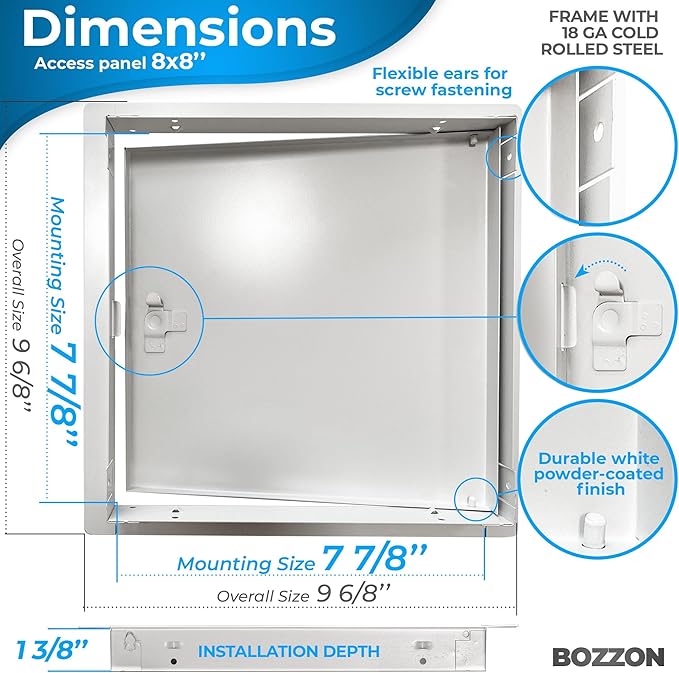 BOZZON Access Panel for Drywall 8 x 8 inch – Metal Door with Screwdriver Latch, 18 GA Steel Frame, Wall Hole Cover, Plumbing Access Door, White