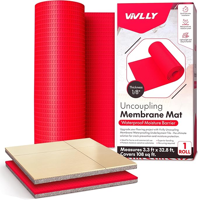 108 Sq Ft Uncoupling Membrane (3.3 ft x 32.8 ft) – Waterproof Crack-Isolation Underlayment for Showers, Bathrooms, Stone & Concrete Floors