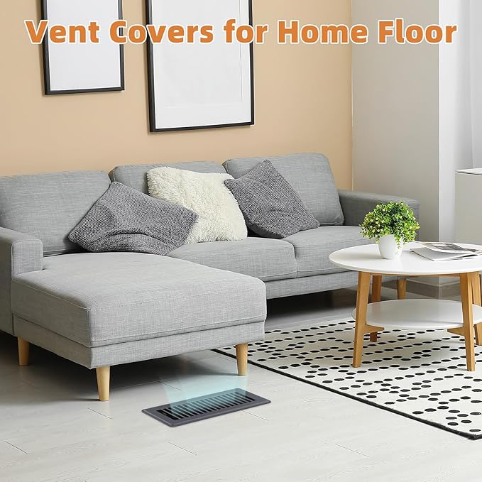 Floor Register 4 x 10-8 Pack Dark Gray Floor Vents, Heavy - Duty Steel Adjustable Airflow Floor Vent Covers, Rust - Resistant Vent Cover are Suitable for Living Room, Bedroom and Bathroom