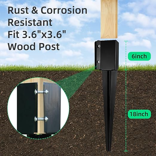 Fence Post Anchor Ground Spike Heavy Duty Black Powder Coated Fence Stakes Post Base for Mailbox, 24 x 4 x 4 Inches Outer Diameter (Inner Diameter 3.6 x3.6 Inches), Pack of 8