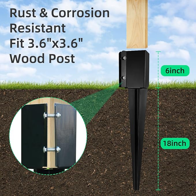Fence Post Anchor Ground Spike Heavy Duty Black Powder Coated Fence Stakes Post Base for Mailbox, 24 x 4 x 4 Inches Outer Diameter (Inner Diameter 3.6 x3.6 Inches), Pack of 6