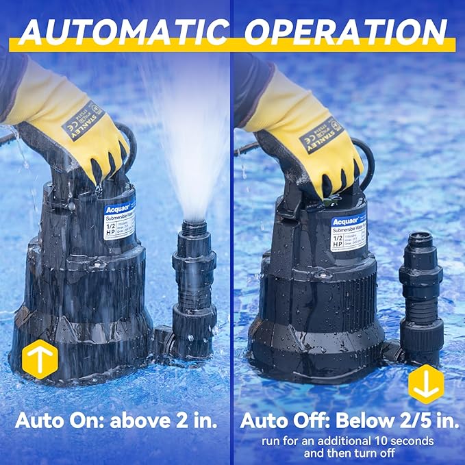 Acquaer 1/2 HP Automatic Sump Pump, 2450 GPH Submersible Water Pump with 3/4”Garden Hose Check Valve Adapter and 19ft Cord, Thermoplastic Utility Transfer Pump for Flooded Basement Pools Tub Draining