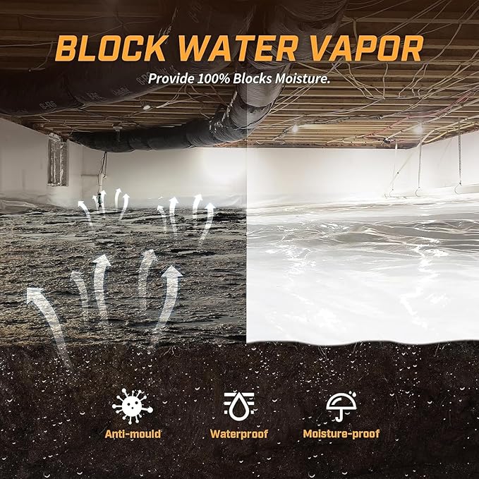 Crawl Space Vapor Barrier, 12 mil 10'x50', White Heavy Duty Plastic Sheeting - Thick Polyethylene Film, 12mil Crawlspace liner, Drop Cloth Vapor Barrier Covering for Crawlspace and Basement