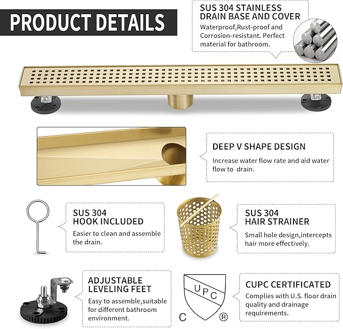 Linear Shower Drain 32 Inch Rectangular, Brushed Gold Shower Drain, 51L/Min Fast Drainage SUS-304 Stainless Steel Floor Linear Drain, US Standard CUPC Certified, Zirconium Gold, SD-112-32ZG