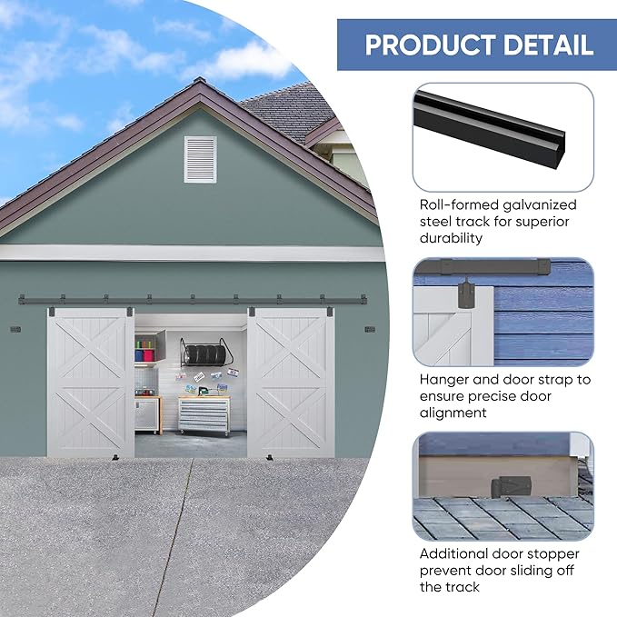 Exterior Barn Door Hardware Kit, BARNSMITH 14FT Sliding Barn Door Hardware Heavy Duty Doors Track Kit for Double Doors Use, Wall Mount, Black (Hardware Only)