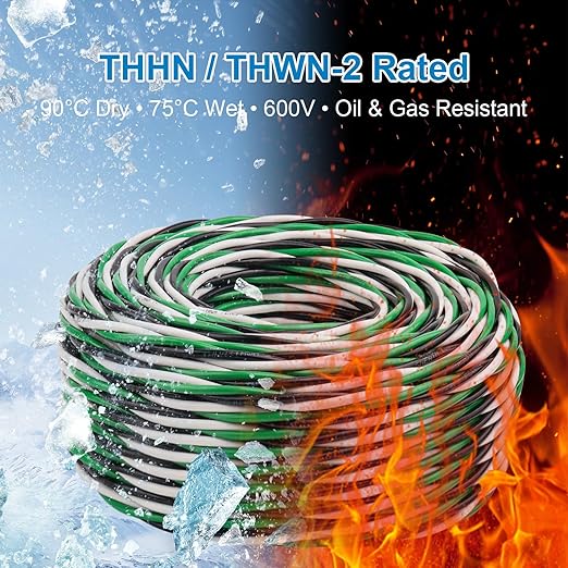 12 AWG THHN Wire 150FT 3-Color Set (Black/White/Green) – Stranded Copper, Pre-Twisted Conductors, THHN/THWN-2 Rated, 600V, Nylon Jacket for Conduit, Residential & Commercial Wiring