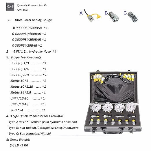 XZT 60M Hydraulic Pressure gauges Set,Test Hose,Hydraulic Pressure Test Coupling Kit,Hydraulic Repair Tools for USA,European,Japanese Brand Excavator Construction Machinery