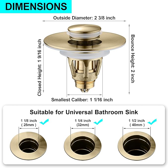 Universal Bathroom Sink Stopper - Bounce Wash Basin Drain Filter, Stainless Steel Pop Up Drain Stopper, Bullet Core Push Type Sink Stopper, Sink Drain Plug with Anti-Clogging Strainer, Brushed Gold1