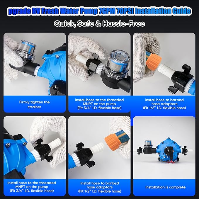 [Upgraded Version] 12V DC RV Fresh Water Pump, 7GPM 70PSI, Five Chamber Self-Priming Diaphragm Pump with Heavy Duty Pressure Switch & Strainer for RV, Marine, Yacht, Caravan, Camper