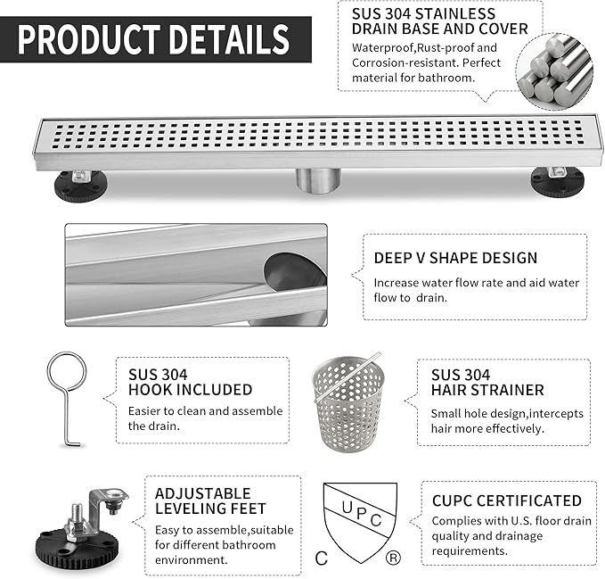 Linear Shower Drain 32 Inch Rectangular, Brushed Nickel SUS-304 Stainless Steel Shower Drain, 51L/Min Fast Drainage Floor Linear Drain, US Standard CUPC Certified, Brushed Silver, SD-112-32S