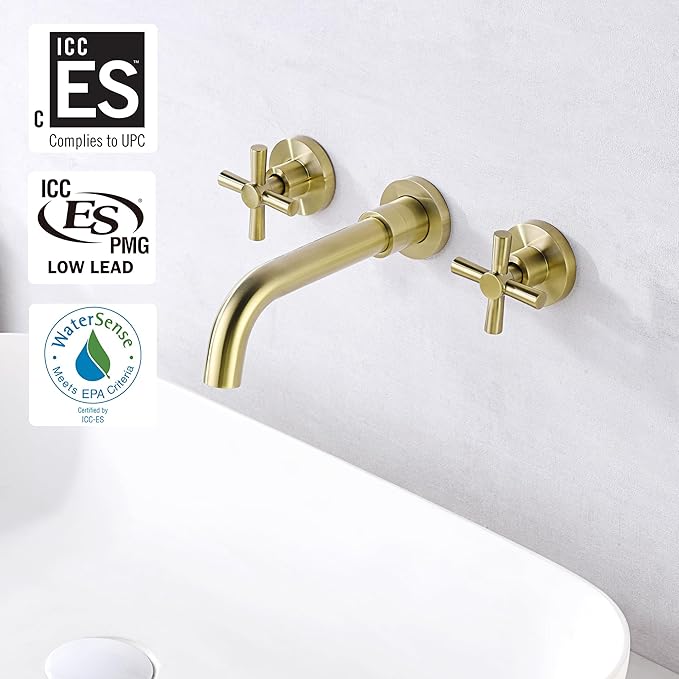 Brushed Brass Wall Mount Bathroom Faucet Two Cross Handles and Rough-in Valve Included,SUMERAIN