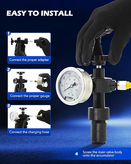 Orion Motor Tech Hydraulic Nitrogen Accumulator Charging Kit, Nitrogen Fill Kit with 3 Gauges 1300 3500 5500 psi, 6 Adapters, Gas Hose & Main Valve Body, hydraulic pressure test kit, Gas Charging Tool