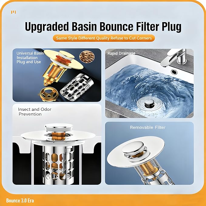 Bounce-Type Bathroom Sink Stopper with Drain Basket - 304 Stainless Steel & Solid Brass, 27-40mm Hole Fit, Odor-Proof Filter & Leak-Proof, Universal for Vanity Sinks/Washbasins