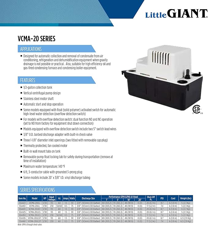 Little Giant VCMA-20ULST 115 Volt, 80 GPH, 1/30 HP Automatic Condensate Removal Pump for HVAC/Refrigeration Systems/Dehumidifiers with Overflow Detection Switch and 20-Foot Tubing, White/Black, 554435
