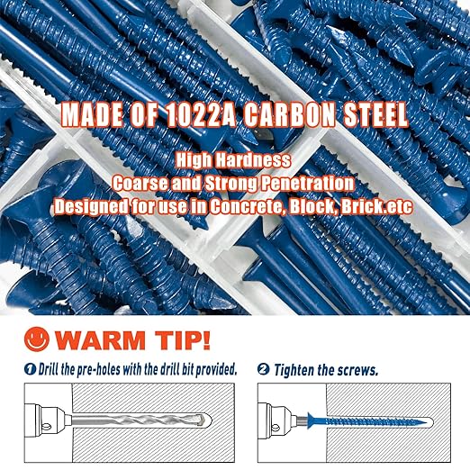 220Pcs Concrete Screws with Drill Bit and Driver bit, 3/16" 1/4" Flat Head Concrete Cement Screws Assortment Kit for Anchoring to Masonry, Block or Brick Stucco, Length 1-1/4" to 3-1/4"