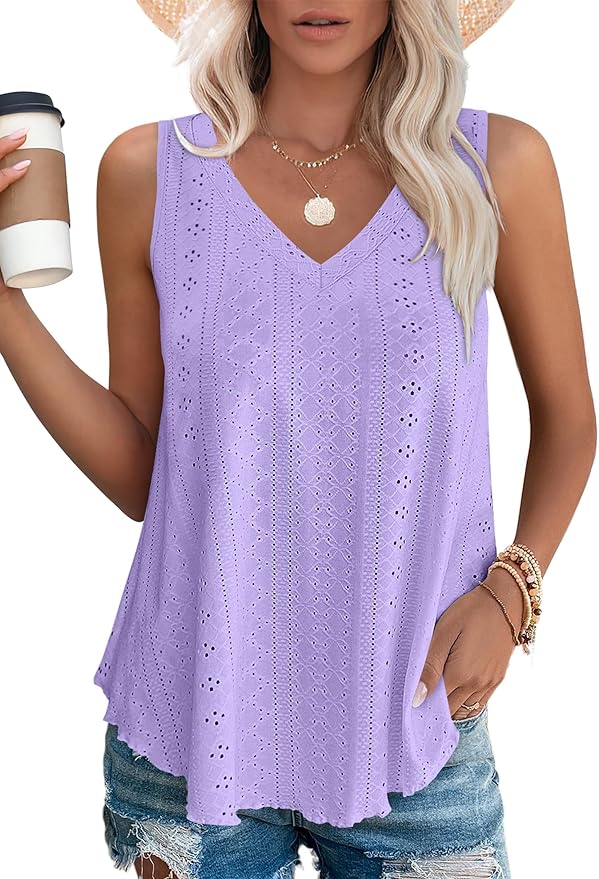 OFEEFAN Womens Tank Tops V Neck Sleeveless Flowy Loose Fit Basic Casual Summer Tops