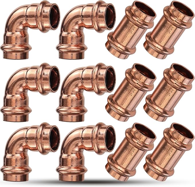 Copper Press Fittings 3/4inch Copper Coupling with Stop&Copper 90 degree Elbow with 3/4 Inch PxP, 3/4" 6PKPress Fittings Coupling with Stop+6PK 90 Degree Elbow,OD 7/8",Use with Hydraulic Press Fitting