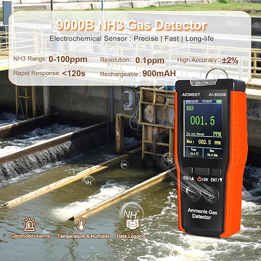 Ammonia NH3 Gas Detector Handheld Ammonia Sensor, AIOMEST Medidor Amoniaco Meter AI-9000B Monitor NH3 Air Level 100PPM w/Data Logging & Alert, Temperature Humidity for Horse Stall Poultry Farm
