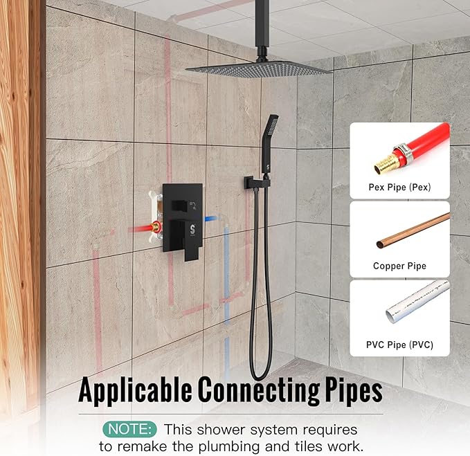 SR SUN RISE 10 Inch Ceiling Mounted Shower System Rain Mixer Shower Combo Set Rainfall Shower Head System Matte Black Shower Faucet Rough-in Valve Body and Trim Included