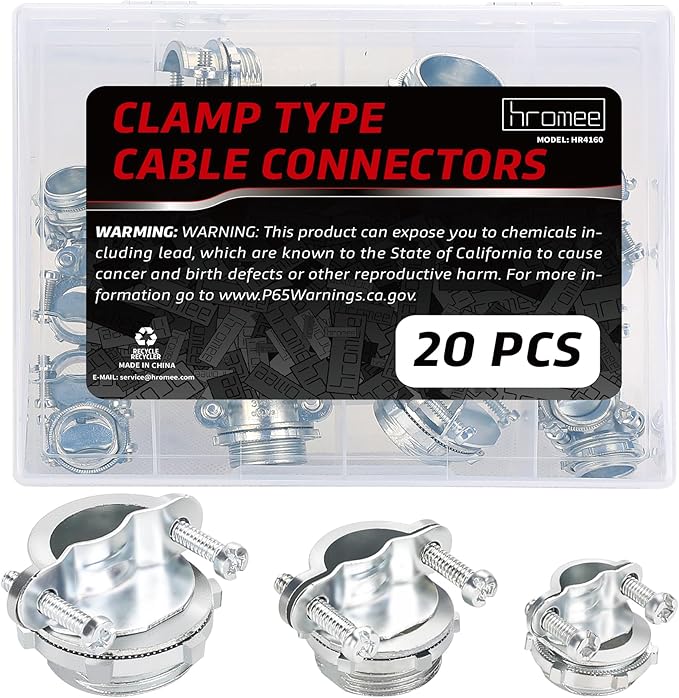 Hromee Cable Connectors, 20PCS 1/2" 3/4" 1” Clamp Type Cable Connectors Assortment for Metallic Conduit Protect Cables