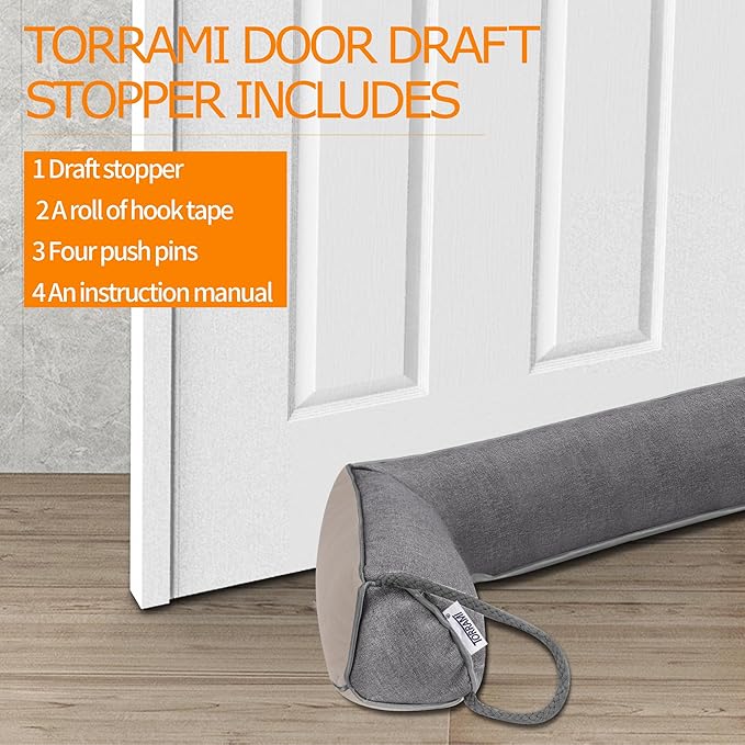 TORRAMI 30" Door Draft Stopper for Bottom of Doors, Seal Blocks Hot Air, Noise, Bugs, Keeps Cold AC in, Sound Proofing Easy Install Gap Filler, Draft Stoppers, Gray