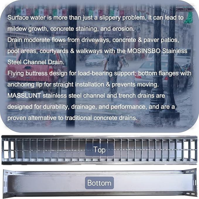 304 Stainless Steel Channel Drain with Galvanized Steel Grate 39.4x5.9x5.5 in, B-Class 28100 lbs Heavy-Duty Drain Kit for 3" Pipe, Trench Drainage System for Outdoor, Driveway, Garage 2pcs