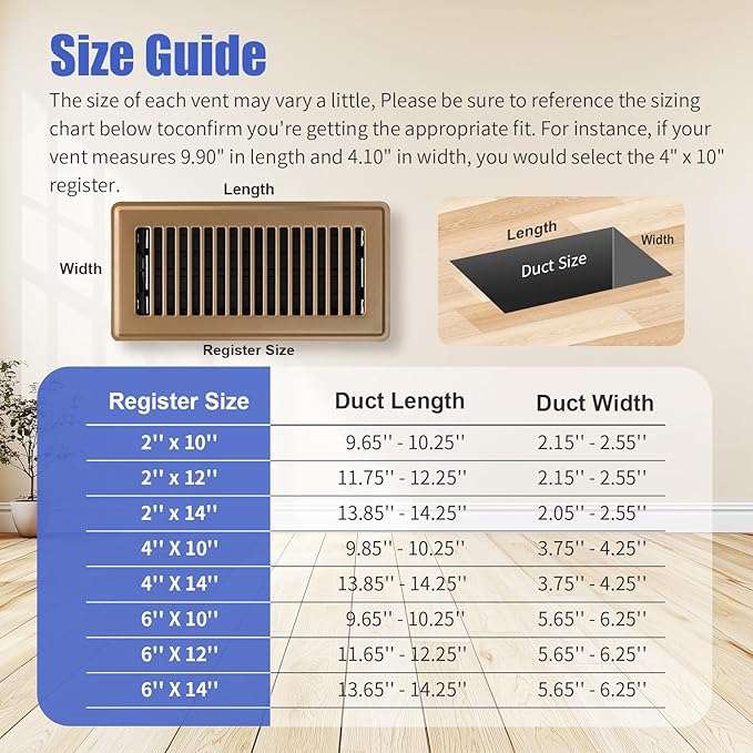 6x10 Floor Register, Heavy Duty Steel Walkable Floor Vents Covers, Adjustable Air Supply Lever Register Vent Cover for Home Floor and Wall, Fits 10x6 and 6x10 Duct Opening, 2 Pack, Brown