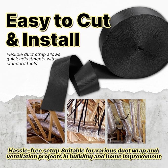 Heavy Duty Duct Strap – 1.95 in x 147 ft Black Nylon Strapping for HVAC Duct, Durable Wrap Support Band for Building & Home Improvement