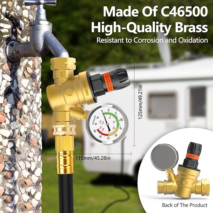 RV Water Pressure Regulator, Handle Adjustable Knob No Tool Required Pressure Regulator,Brass Lead-Free Water Pressure Reducer with Gauge for RV Camper Travel Trailer,Suitable for NH Thread