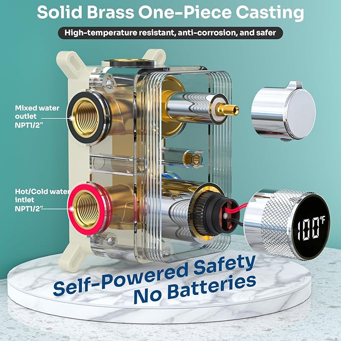 Temperature Display Shower Valve 3 Way Brass Rough-in Mixer and Round Trim Kit, Triple Function Digital Shower Diverter, Chrome