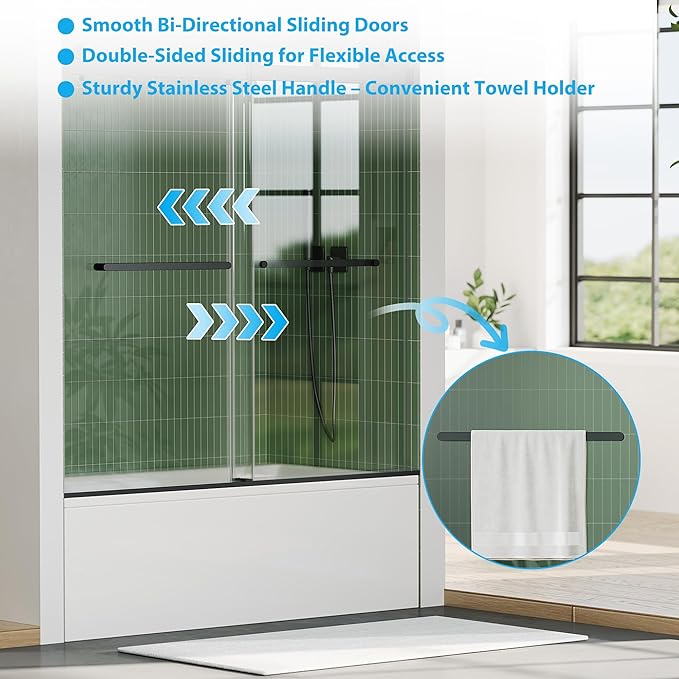 Frameless Double Sliding Shower Door - 56 to 60 Inch Adjustable Width x 59 Inch Height, 1/4" (6mm) Clear Tempered Glass with Easy-Clean, Space-Saving Bypass Design, Matte Black Finish for Bathroom