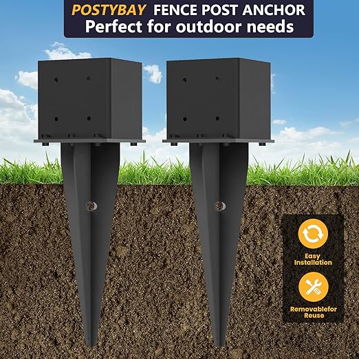 2 Pcs 6"x6" Fence Post Anchor Ground Spike 22"(Actual 5.6"x5.6") Heavy Duty Metal Fence Post Anchor with Black Powder-Coated for Deck,Fence,Porch,Railing,Mailbox